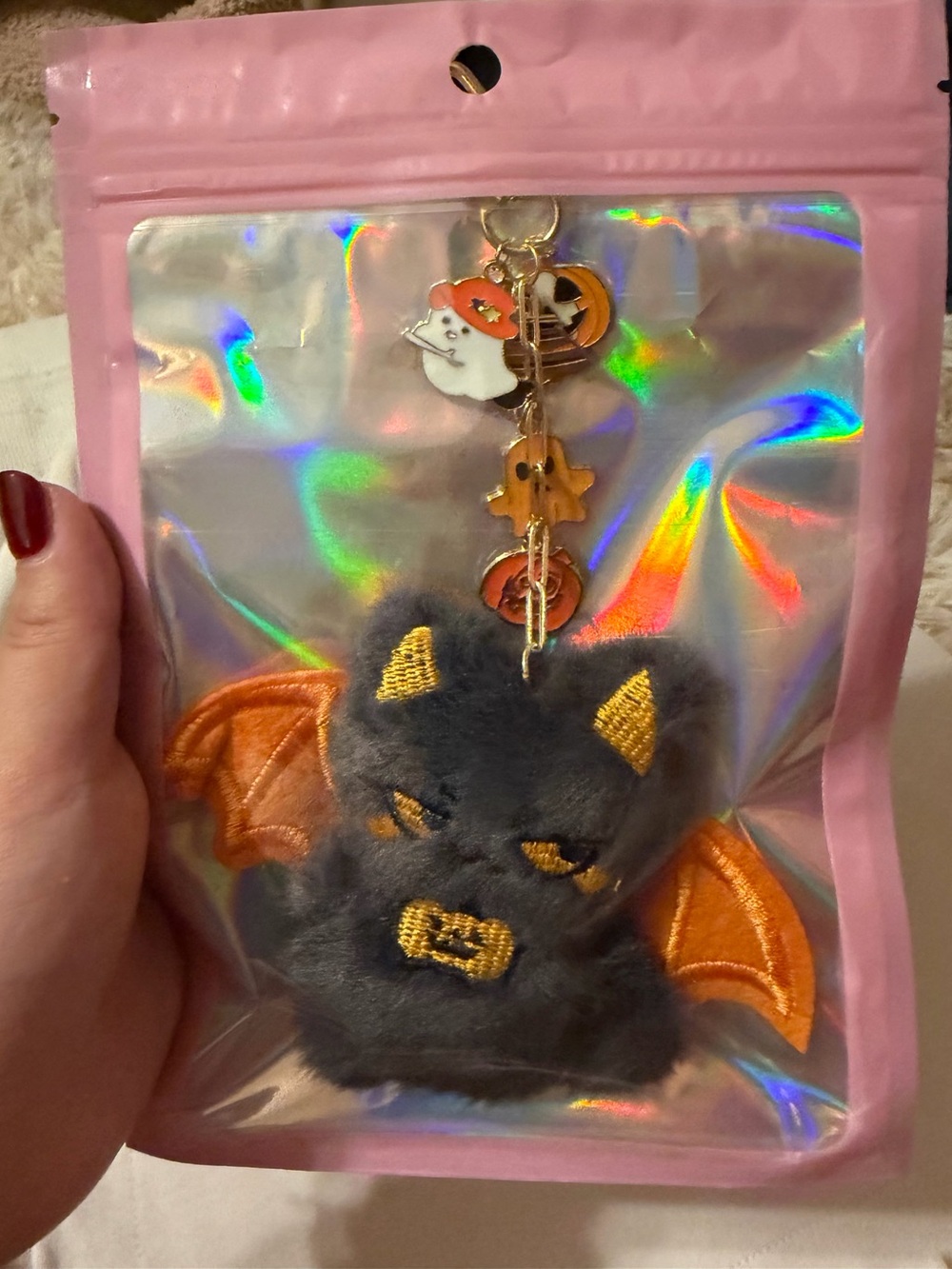 Halloween Black Bat Pom Keychain with Orange Wings and Charms